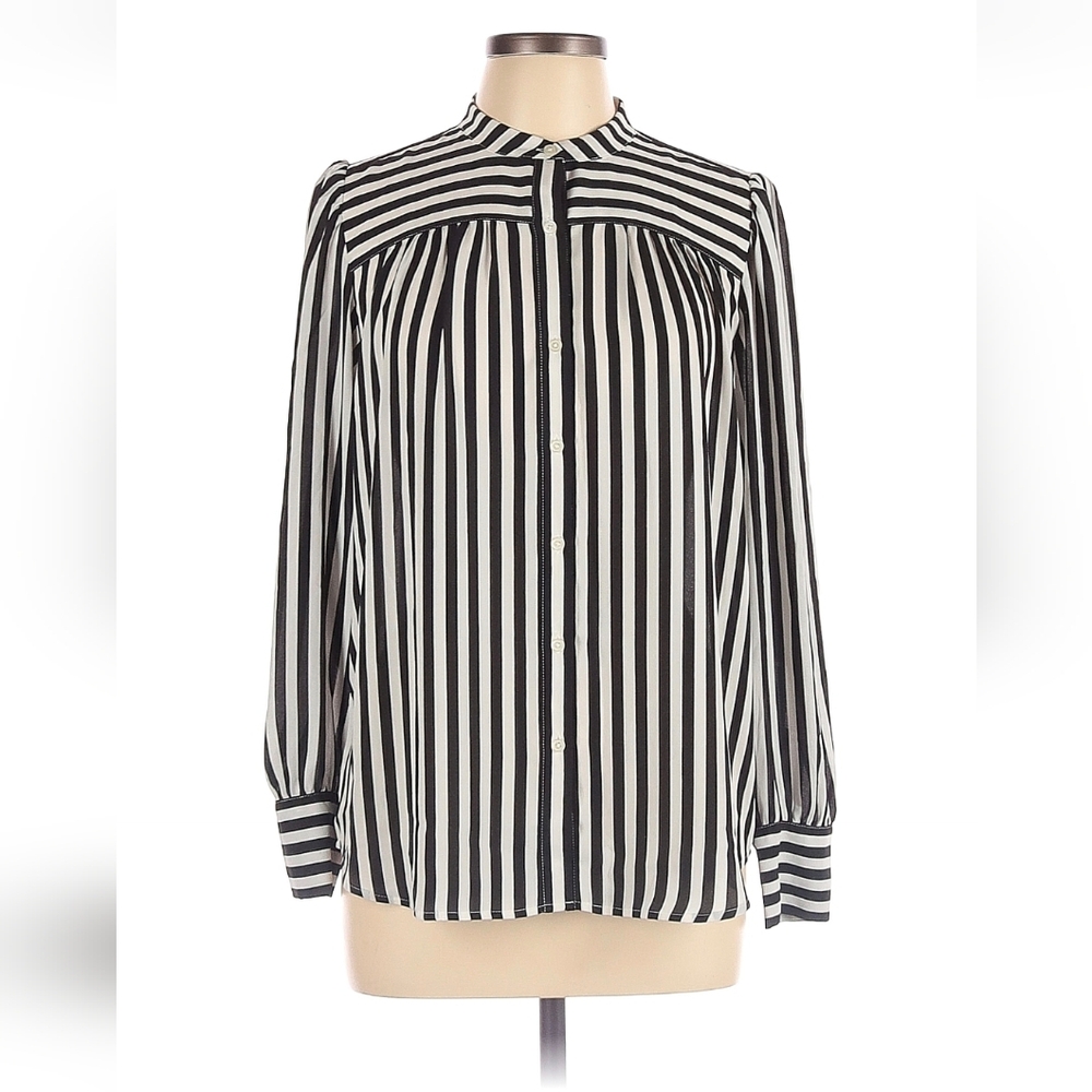 LOFT Black & White Striped Band-Collar Button-Down Blouse